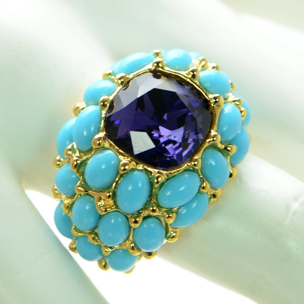 Kenneth Jay Lane  KJL Purple Crystal & Turquoise Cabochon Dome Ring